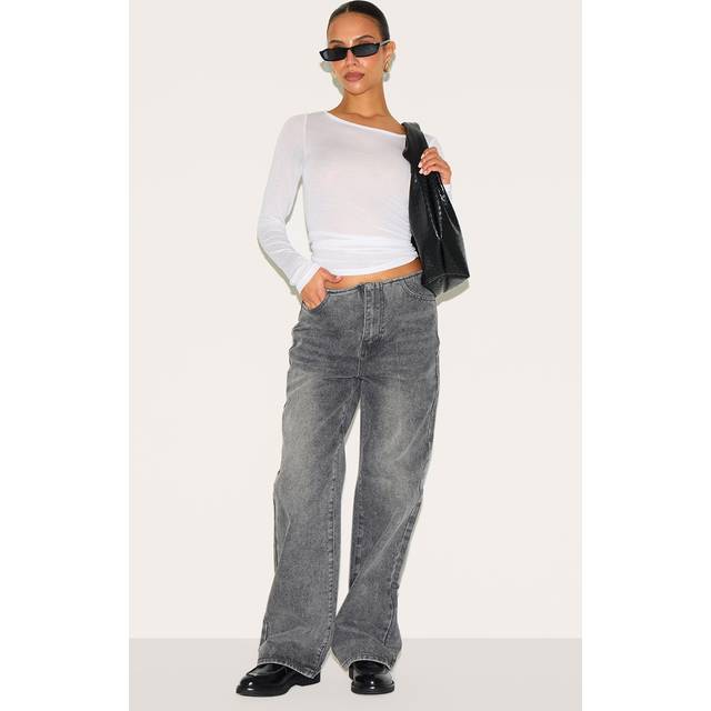 Petite Grey Denim Mid Rise Invisible Waistband Wide Leg Jeans, Grey - 6