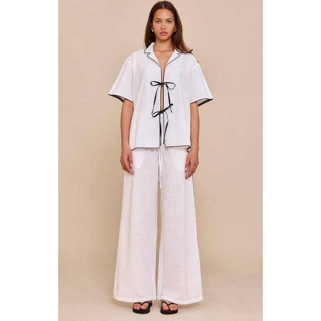 Cream Linen Look Contrast Wide Leg Trousers, White - 14