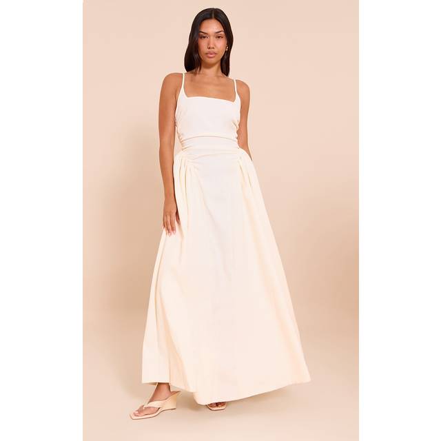 Cream Woven Ruched Strappy Midi Dress, White - 4