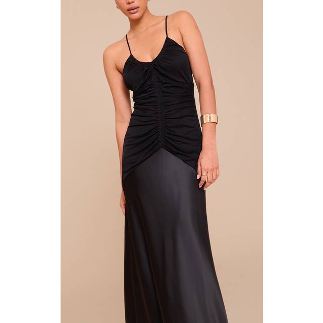 Black Ruched Detail Satin Maxi Slip Dress, Black - 16