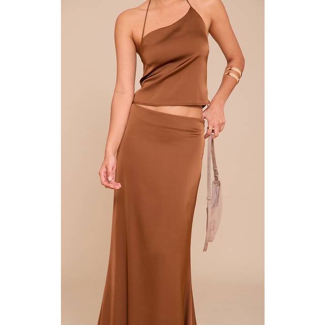 Chocolate Satin Mid Rise Maxi Skirt, Chocolate - 12