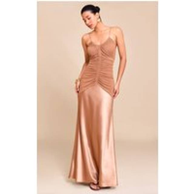 Taupe Ruched Detail Satin Maxi Slip Dress, Brown - 12