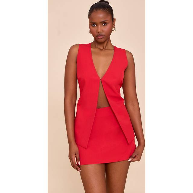 Tomato Red Woven Tailored Hook And Eye Waistcoat, Tomato Red - 16