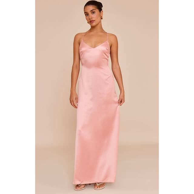 Petite Baby Pink Satin Strappy Open Back Maxi Dress, Pink - 8