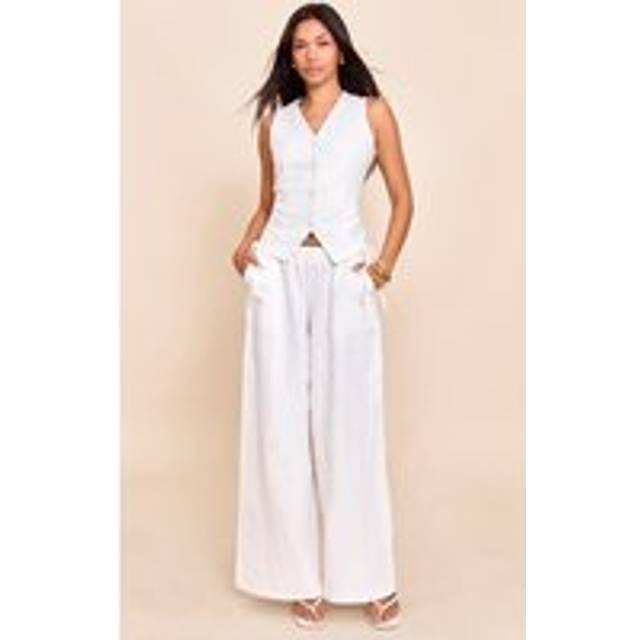 White Premium Linen Side Tie Detail Wide Leg Trousers, White - 14