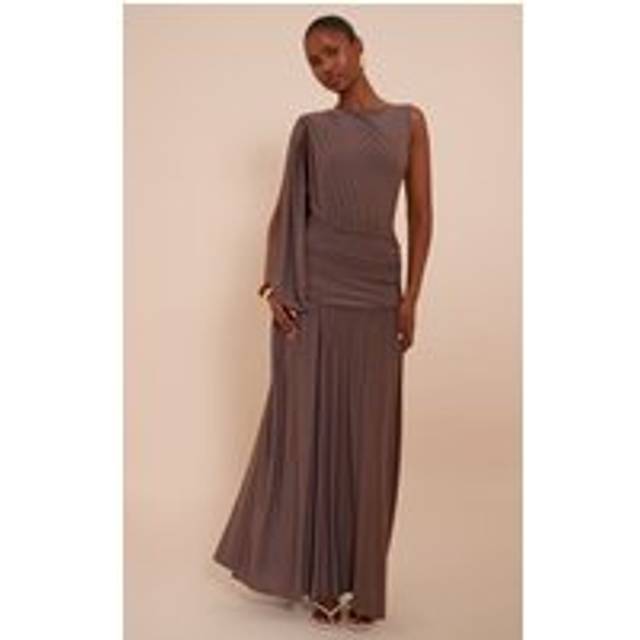 Mushroom Double Layer Slinky Ruched One Shoulder Maxi Dress, Mushroom - 6