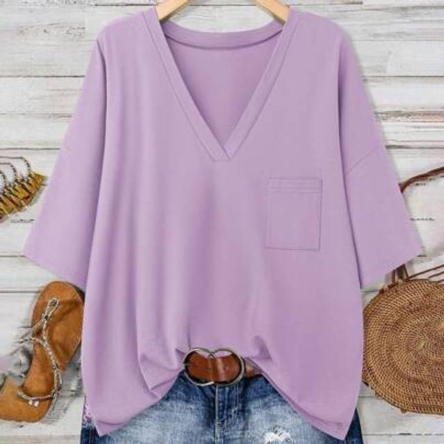 Luneh Green Plus Size Summer Top Women&#39;s V-Neck Pocket T-Shirt Cotton