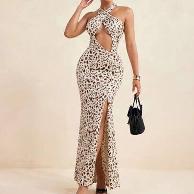 SHEIN Leopard Print Cut Out Sleeveless High Sexy Slit Cross Halter Neck Maxi Dress Party Summer Women Maxi Dress