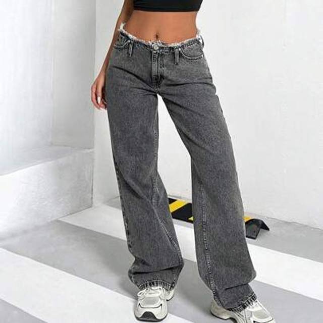 Kvinnors låg midja slitna ficka vida ben lösa Casual jeans - Svart (36,38,40,34)
