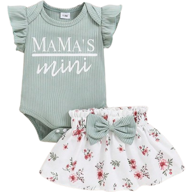 SHEIN Spring Newborn Baby Girl Letter Printed Ruffle Armhole Romper And Flower Printed Skirt Outfit