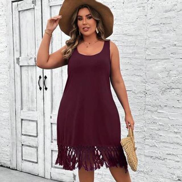 SHEIN Plus Size Summer Beach Vacation Sleeveless Patchwork Tassel Knit Blue Dress