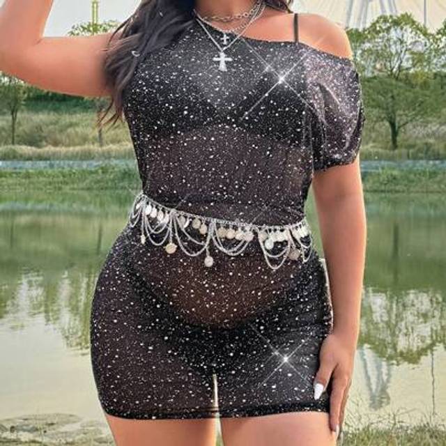 Flirla Plus Size Sequin Dress, Festival, Boho, Hippie, Cowgirl, Old Money Style Outfit, Suitable For Music Festivals