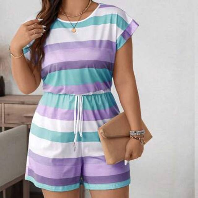 Plus Size Summer Casual Färgglad randig Batwing Jumpsuit - Mauve Lila (0XL,1XL,2XL,3XL,4XL)