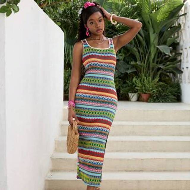 SHEIN Teen Girl Summer Casual Sleeveless Long Geometric Patterned Side Split Dress,Suitable For Summer, Graduation, Back To School, Vacation, Festival, Lunc