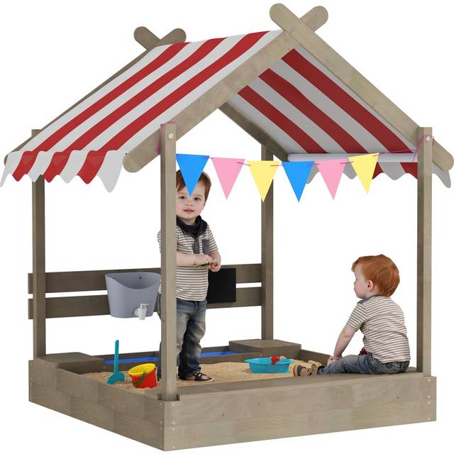 Outsunny Sand Pit with Canopy, Blackboard, Toys, Sink, Seats, Flags for Kids