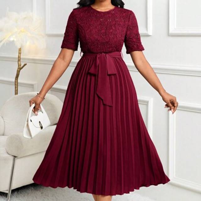 SHEIN Wedding Guest Dress Water-Soluble Lace Pleated Waist Belted Women&#39;s Dress