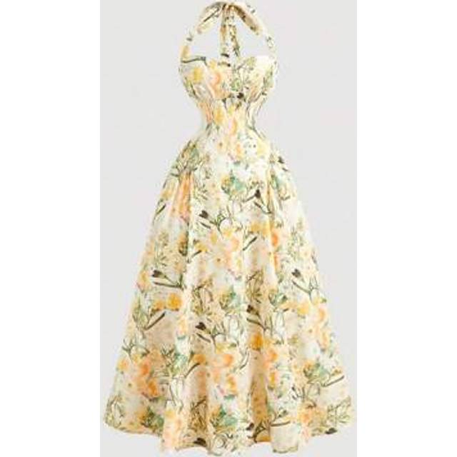 SHEIN Women&#39;s Romantic Floral Print Halter Mid-Length Dress, Valentine Day,Summer Dress,Brunch Outfits For Women,Tea Party Outfit,Beach Vacation Outfits,Flo