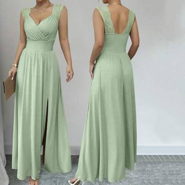 Rafferiza French Elegant Quality Lace Trim V-Neck Criss-Cross Ruched Waist Sleeveless A-Line Split Khaki Long Dress For Casual, Party, Wedding Use, Spring/Summe