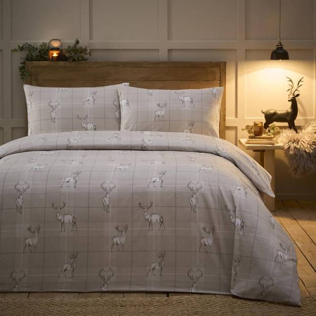 Check Stag Brushed Cotton Duvet Cover Set - Natural - Double