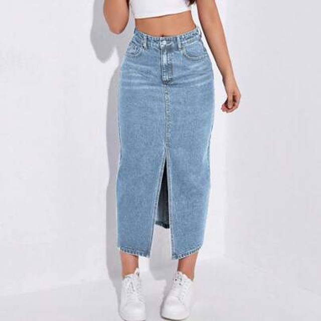 SHEIN Women&#39;s Long Slit Hem Straight Denim Maxi Skirt With Pockets