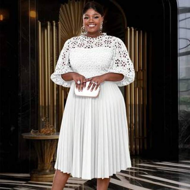 AOMEI Lace Pleated Dresses Half Lantern Sleeves Hollow Out Elegant Midi Wedding Guest,Graduation Outfit