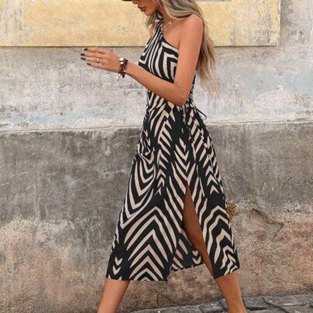SHEIN Summer Out Holiday Date Dress, Summer Women&#39;s One-Shoulder Waist Hollowed-Out Rope High Split Holiday Geometric Pattern Print Dress, Summer Holiday Be