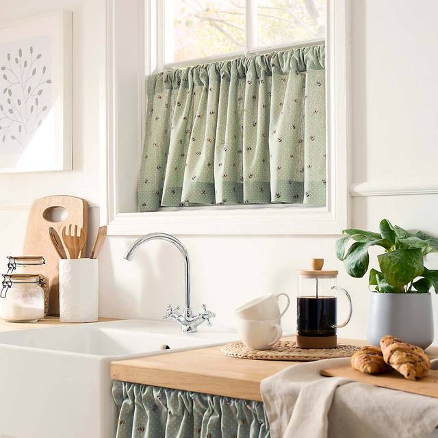Bees Café Style Unlined Slot Top Single Curtain - Sage