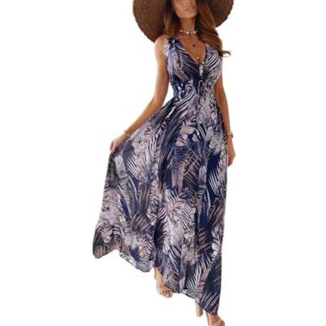 SHEIN Women Summer Sleeveless Dress Adults Sexy Backless Leaf Print V-Neck One-Piece Green, Blue, Black, White