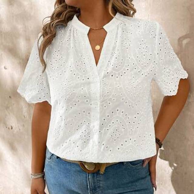 SHEIN Short Sleeve Embroidered Hollow Out Blouse For Plus Size, Casual And Fashionable For Daily Wear