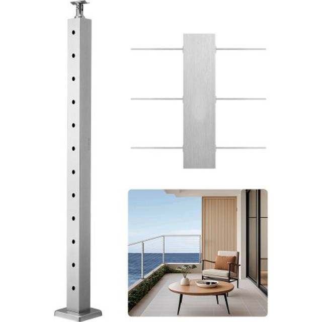 VEVOR Cable Railing Post, 42x2x2 Inch Level Deck Stair Posts, 1-Pack Stainless Steel Cable Handrail Post, Pre-Drilled Pickets with Mounting Bracket Stair Railing Kit, Silver, 1JZLGZXYS1061EF8W001V0