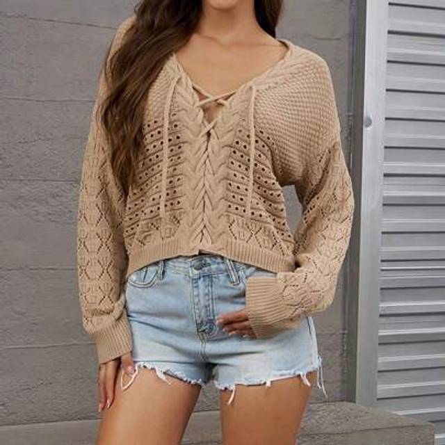 Kaki Pullover Hollow Snörad Stickad Tröja Topp (L,M,S,XL)