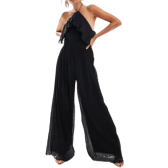 ASOS DESIGN – Svart, strukturerad jumpsuit med halterneck, vida ben och volang-Svart/a