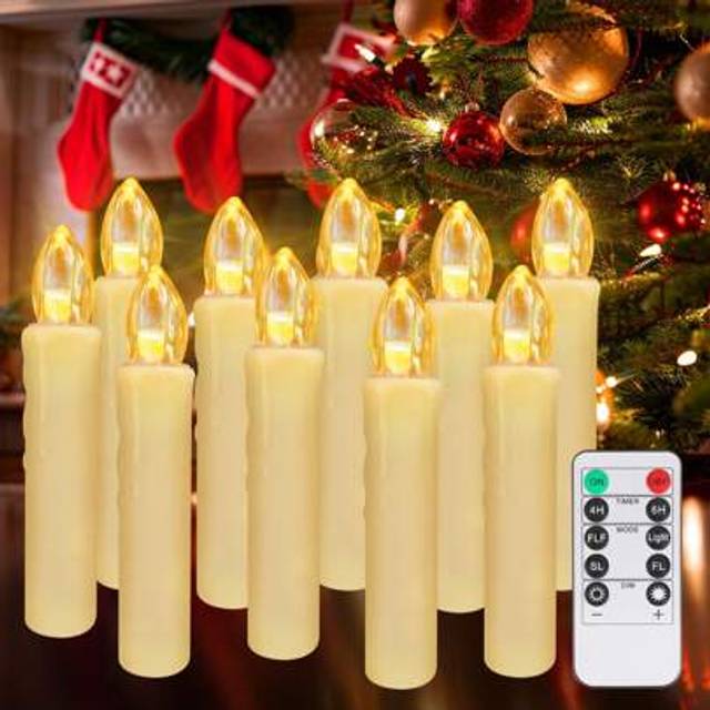 SHEIN Set Of 10 Flameless LED Floating Candles Lights With Clips And Remote, Flickering Lights Battery Operated LED Ivory Taper Candles, Unscented Candles W