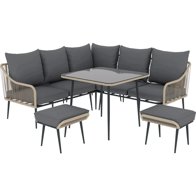 Outsunny Garden Sofa Set Metal Garden Furniture Thickened Cushions Light Brown 6 Piece