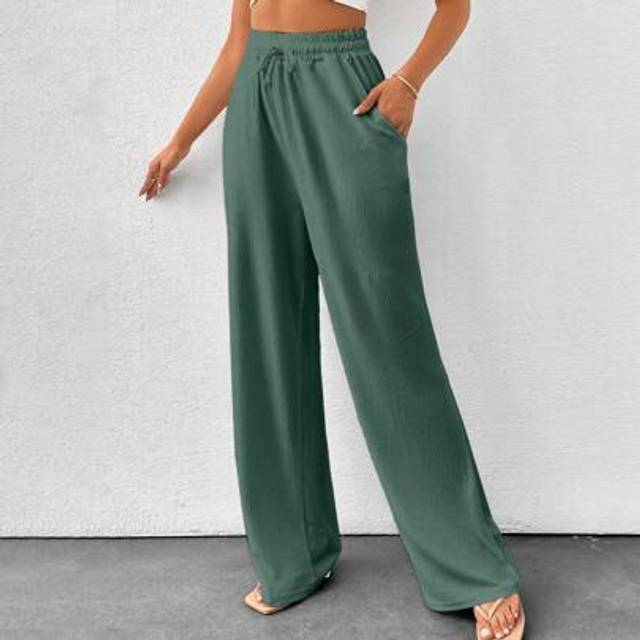 SHEIN Summer Solid Color Beige High Waist Drawstring Waist Linen Look Wide Leg Pants