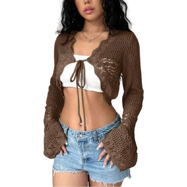 Flirla Women&#39;s Spring Summer Casual Solid Color Hollow Out Knitted Cropped Cardigan,Long Sleeve Tops