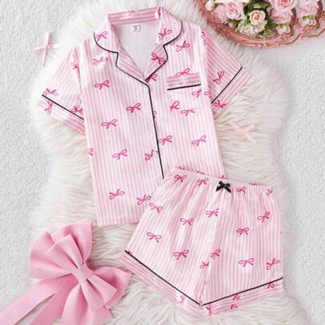 SHEIN Girl Pajamas Set, Bow Stripe Faux Silk Color Block Short Sleeve Top And Shorts, Fashion Lapel Casual Loungewear