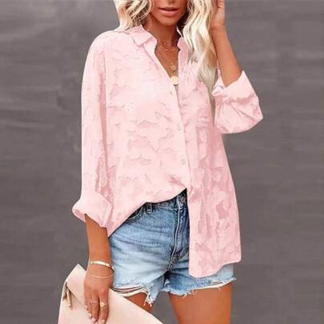 SHEIN Women&#39;s Elegant Long Sleeve Lapel Textured Button-Up Shirt Blouse, Suitable For Spring Autumn, Graceful Summer, French Style Lightweight Shirt For Sum