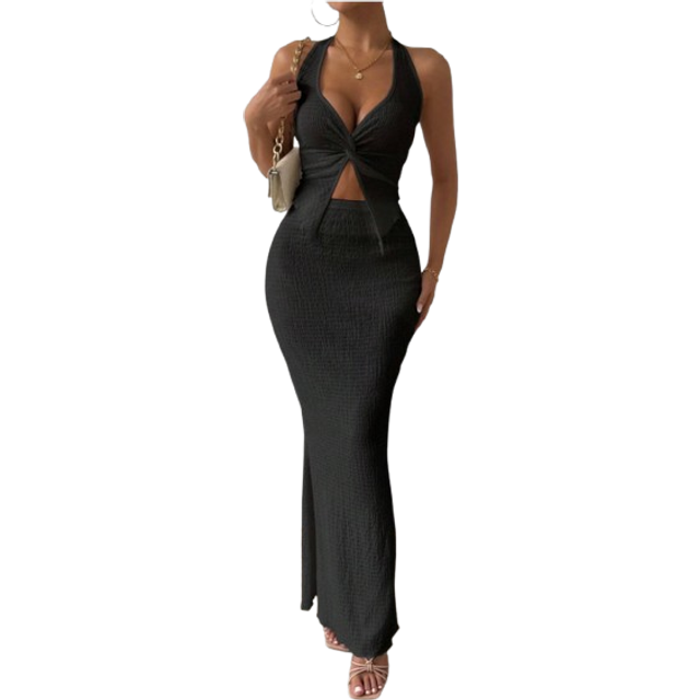Rafferiza Women&#39;s Summer Solid Color Twisted Halter Neck Vest Top With Side Slit And Mermaid Midi Skirt Sexy 2pcs Set