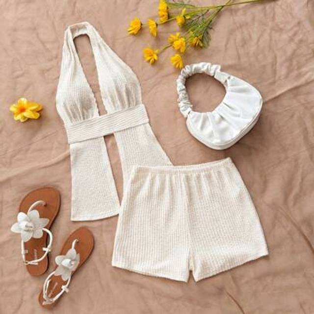 Soleia Women&#39;s 2pcs Set Beige Ribbed Knit Halter Tank Top & Casual Shorts, Suitable For Vacation, Party, Date, Afternoon Tea, Beach, Summer Outfit Island Vac