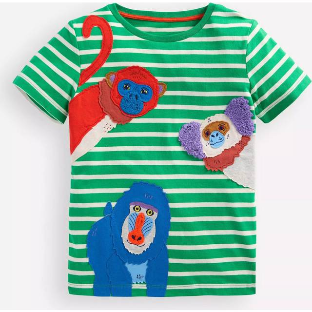 Mini Boden Kids' Cotton Applique T-Shirt, Green Striped Monkey