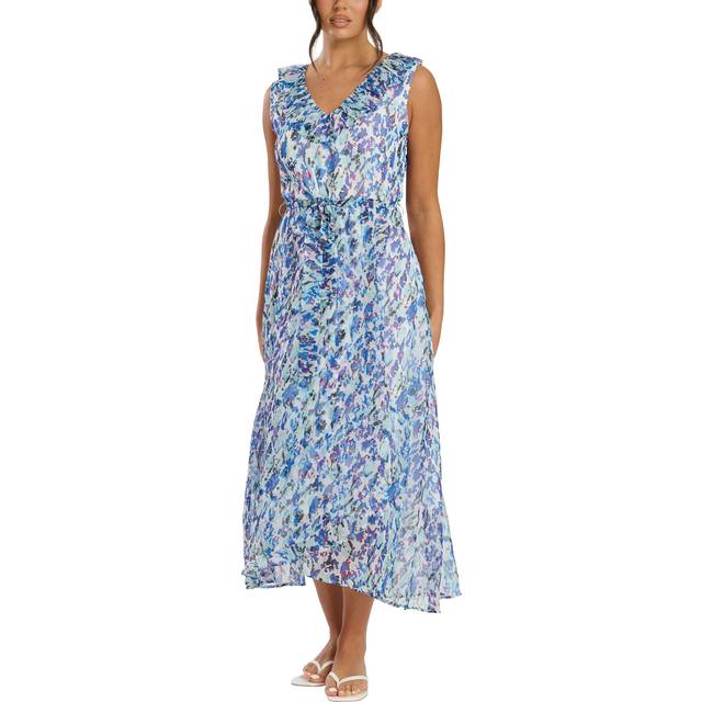 South Beach Women's Blue Printed Frilly Trim Midi Dress New Look - UK 10