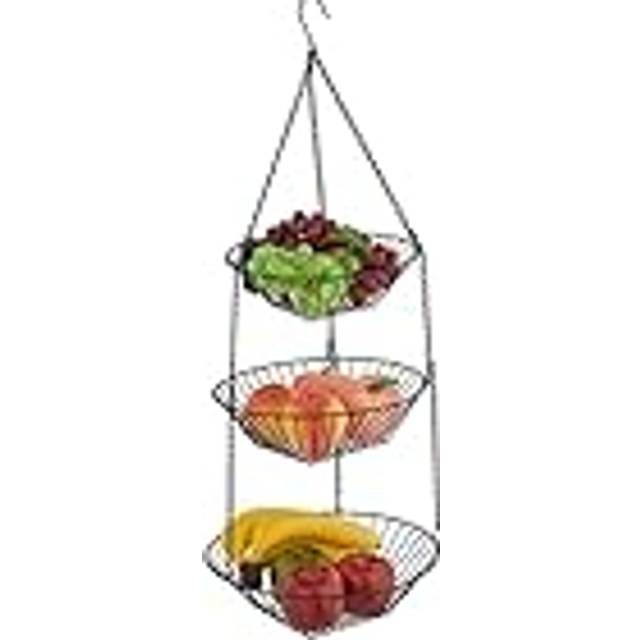 Relaxdays Hängande fruktkorg, H x D: 73 x 28 cm, 3 våningar, stål, rund hängande korg för frukt och grönsaker, fruktskål, svart