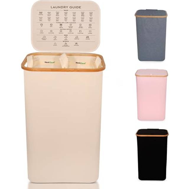 Nest Zest 100 L dubbel tvättkorg med lock, 2 fack att sortera tvätt, korg tvättkorg med skötselguide och 2 avtagbara innerväskor, smutstvättkorg med bambukant Oxfordtyg (beige)