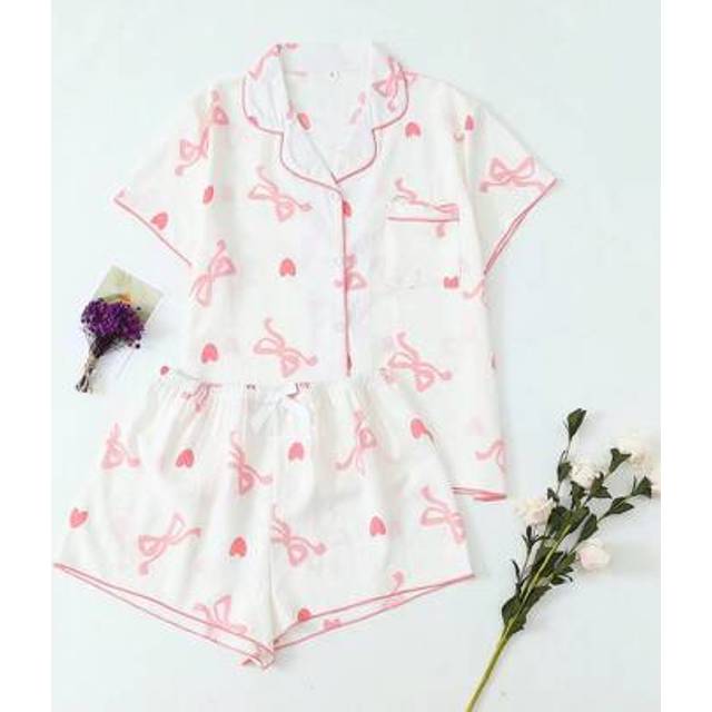 SHEIN 2pcs Comfortable Women Pajamas Set With Bow Heart Print Lapel Button Decor Short Sleeve Top And Shorts, Suitable For Home Wear, Spring/Summer