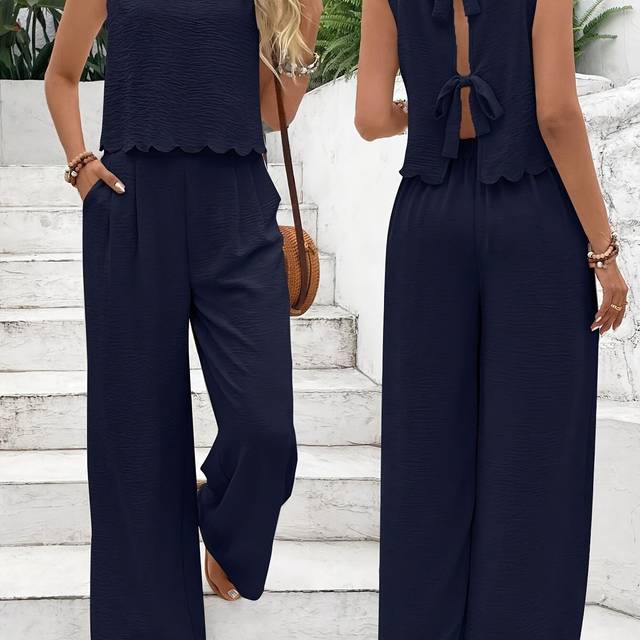 TEMU Women's Sleeveless Two-piece Set - Navy Blue Wide-leg Pants With Ruffle Hem & Matching Top, Elastic Waistband, Spring/summer, Casual Attire|ruffle Hem Pants|woven