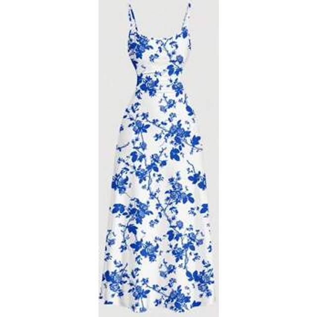 SHEIN Casual Minimalist Rose Silhouette Full Print Ruched Waist Flare Hem Cami Dress,Bohemia