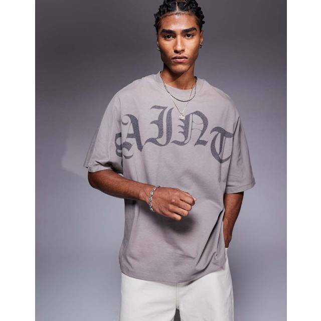 Mens River Island Grey Oversized Sainte Print T-Shirt