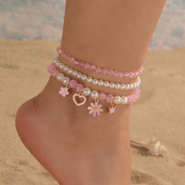 SHEIN 3pcs/Set Girls Daisy Flower Heart Butterfly Beads Anklet, Beach Vacation Decor