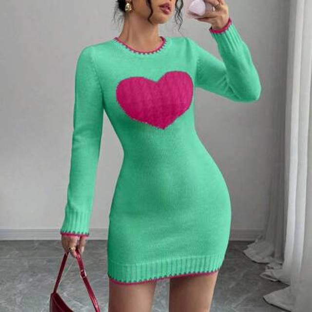 Rafferiza 2024 Autumn/Winter Valentine&#39;s Day New Arrival Fashion Knit Dress With Bow, Cable Knit Pattern, Heart & Peach Color Trim